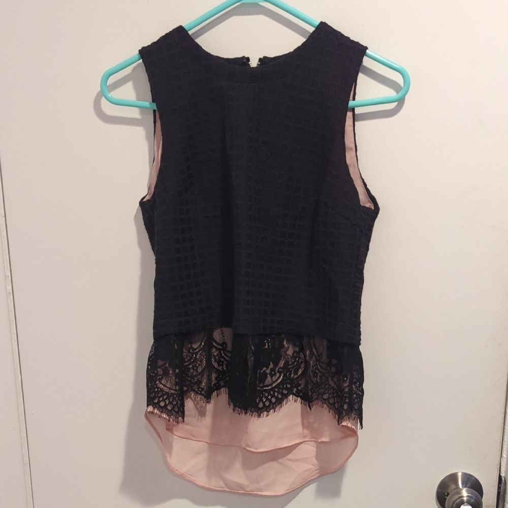 Greylin Black Lace Overlay Blouse with Pink Lining